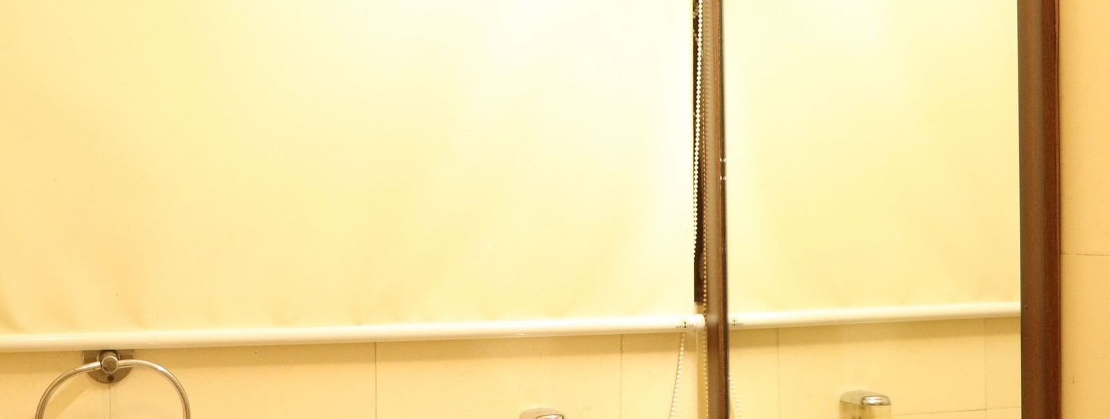 A bathroom with a round sink on a granite countertop, a framed mirror, and a towel ring, illuminated by a light fixture above. - Hotel Diamond Plaza, Chandigarh.