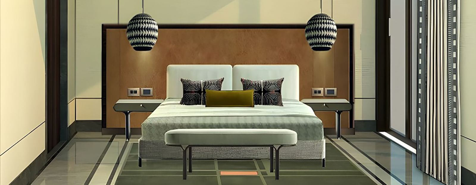 Bedroom in Sanctuary Suites at The Riverview Retreat, Corbett with king-size bed, warm lighting, and modern interiors.