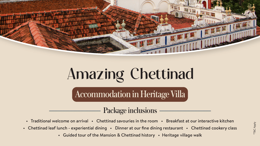 Promotional poster of the Amazing Chettinad Package of Chidambara Vilas highlighting Chettinad heritage with a grand palace view, tiled rooftops, and details of the package.
