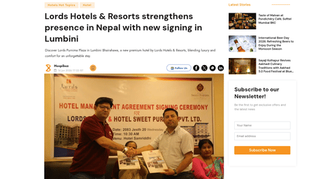An article by Hotelier India showcasing Lords Hotels expands its Nepal.