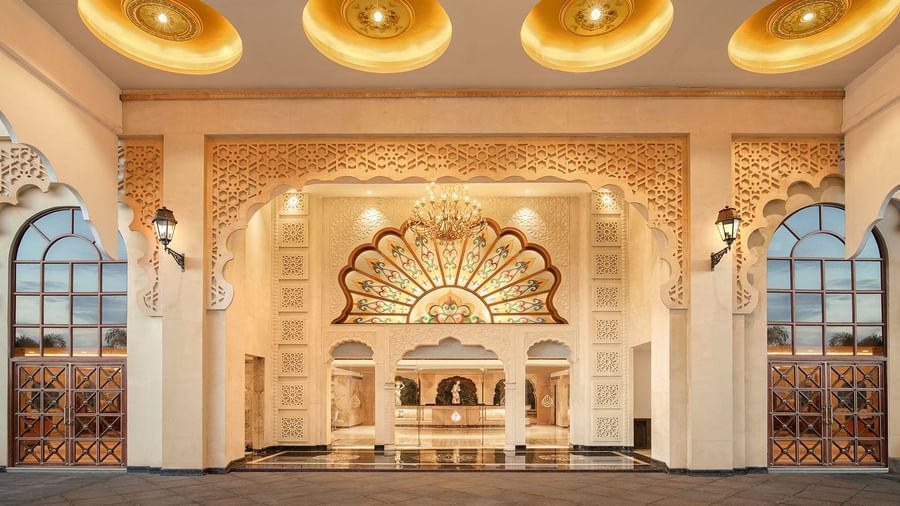 The elegant entrance to our palace with chandeliers and intricate decor - Kaldan Samudhra Palace