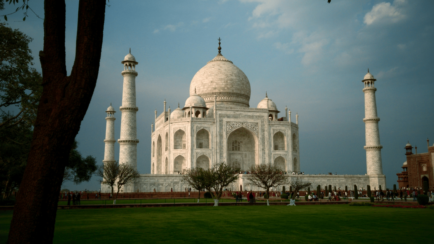 An image of Taj Mahal with a lawn in the front