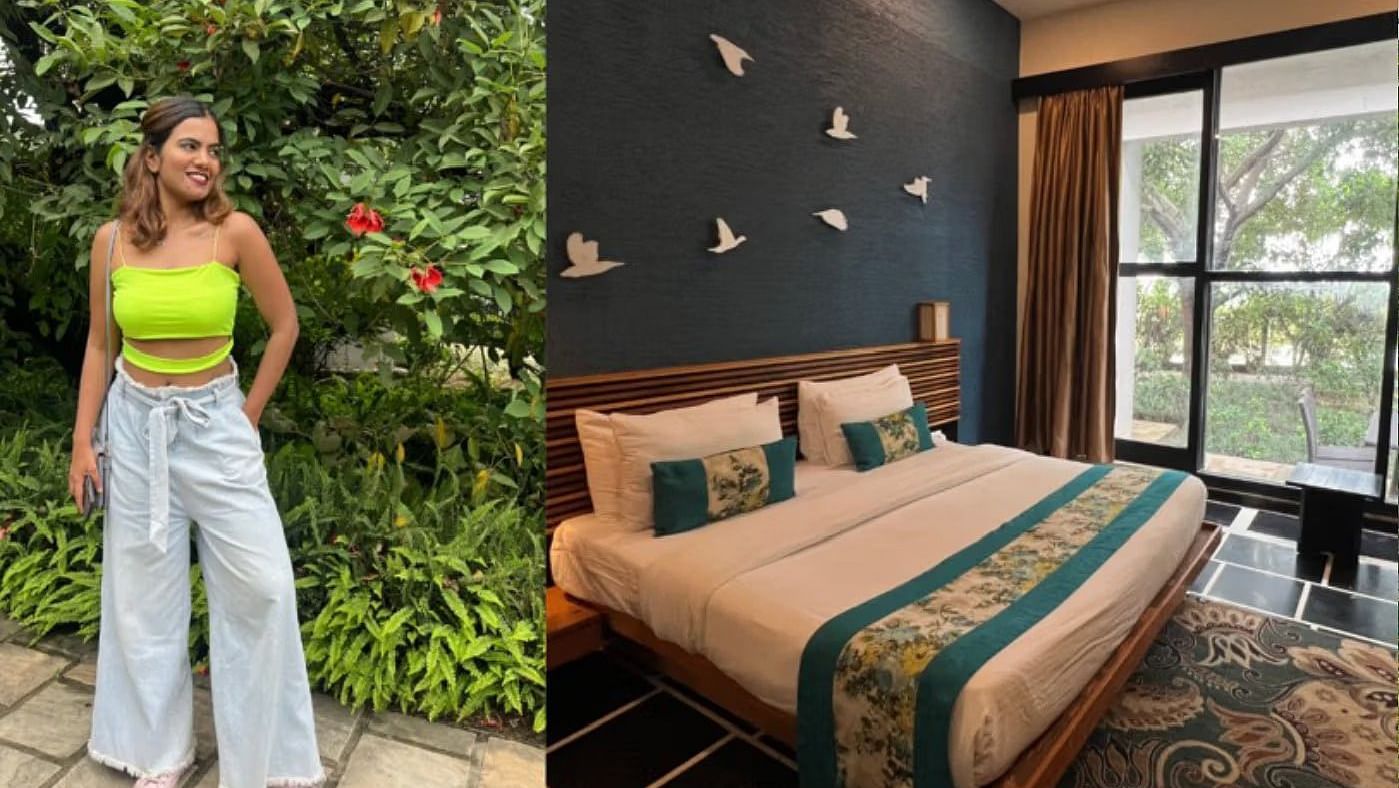 A collage with two images of a woman posing for a photograph along with an image of a bedroom with chic and luxurious interiors - Ivory Destinations