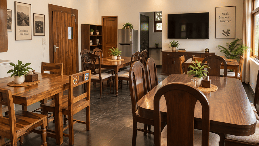 Mohan Chatti by Eastlynn Experiences dining corner with a round wooden table, matching chairs, a ceiling fan, framed art on the wall and potted plants.
