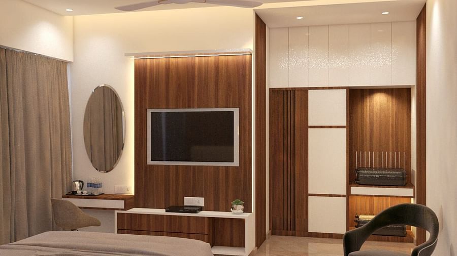 Bedroom featuring a television and a mirror beside it at Hotel Mumbai House, Vashi.