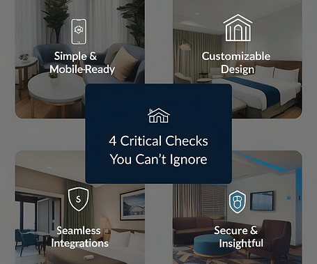 Diagram of four essential hotel booking engine checks: simple mobile-ready design, customizable dashboard, secure payment integration, and insightful analytics