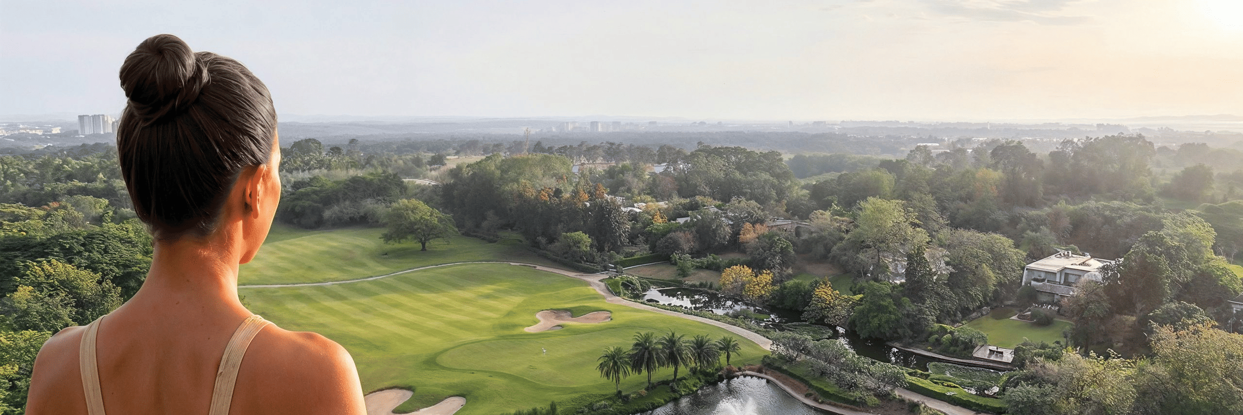 A person with hair in bun overlooking golf course, pond fountain, sand bunkers, and tree?lined horizon under soft morning light.