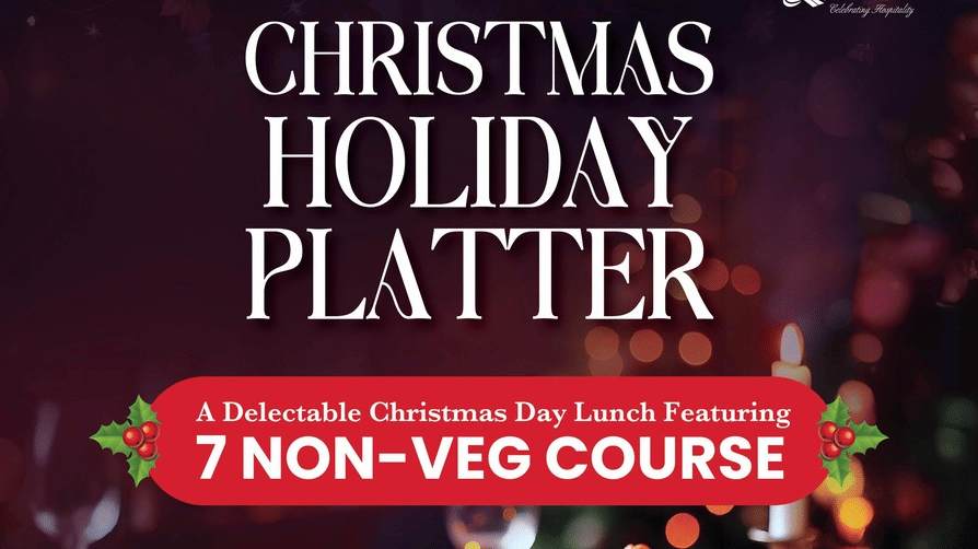 Christmas Holiday Platter promotional creative for The Renai Cochin featuring festive dining visuals, seven course non vegetarian lunch details and event date on 25 December 2025.
