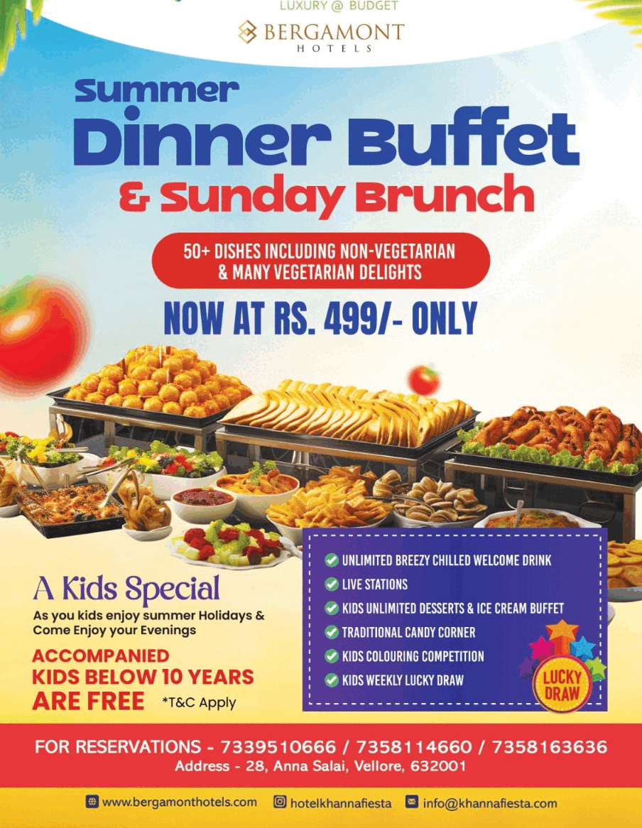 Animated promotional banner for Khanna Fiesta’s Summer Dinner Buffet and Sunday Brunch, showcasing a vibrant buffet spread with 50+ dishes, live stations, and special kids’ activities like colouring competitions and lucky draws. Highlighted offer: Rs. 499 