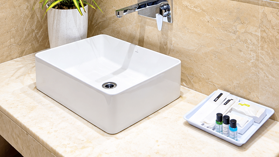Bathroom vanity at Daksh The Royal Braj, Vrindavan, with a white basin, a mirror, and a potted plant.