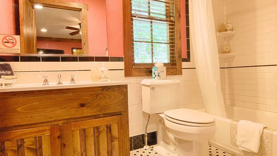 a bathroom with ample lighting with a wash basin and a bathtub - Historic Tapoco Lodge