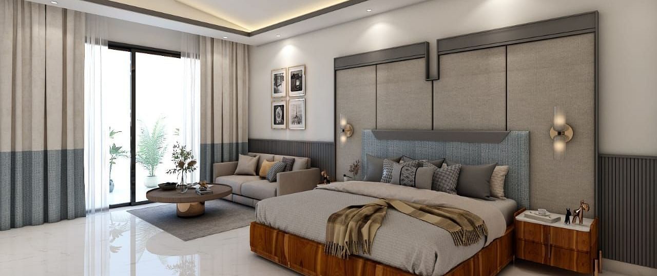 A beautiful room with ample of natural light coming from the huge french windows featuring a double bed in the room. - Namaste Corbett