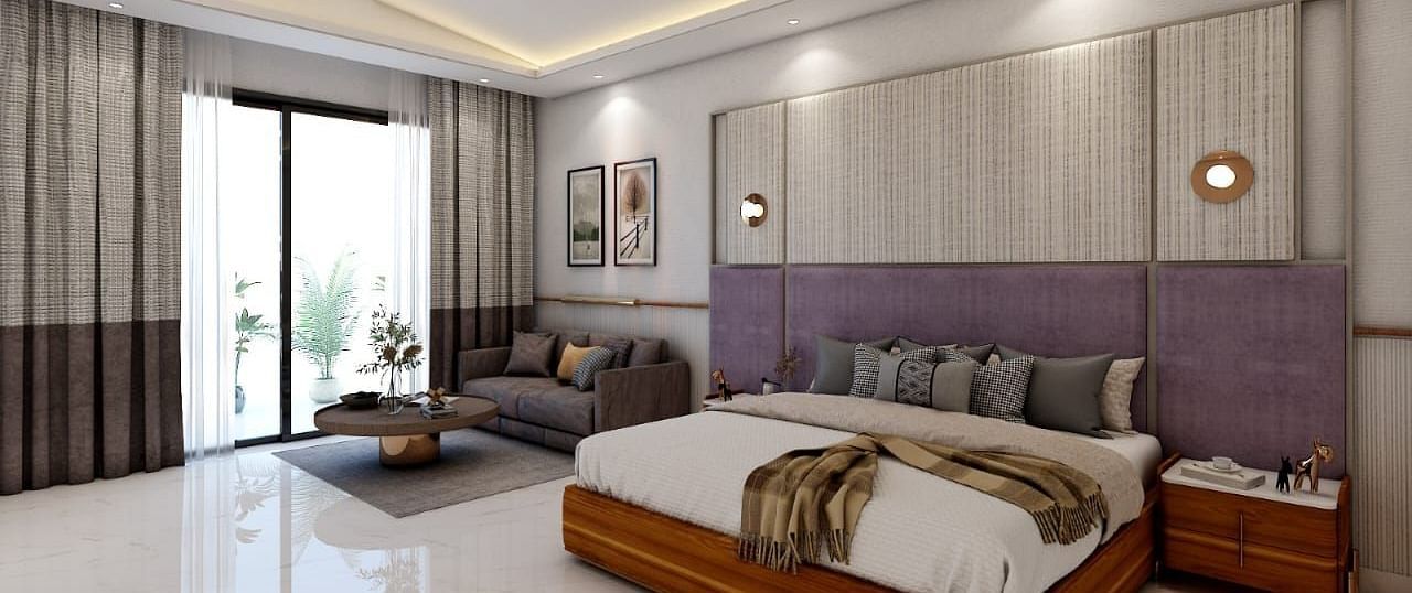 A beautiful room with ample of natural light coming from the huge french windows featuring a double bed in the room. - Namaste Corbett