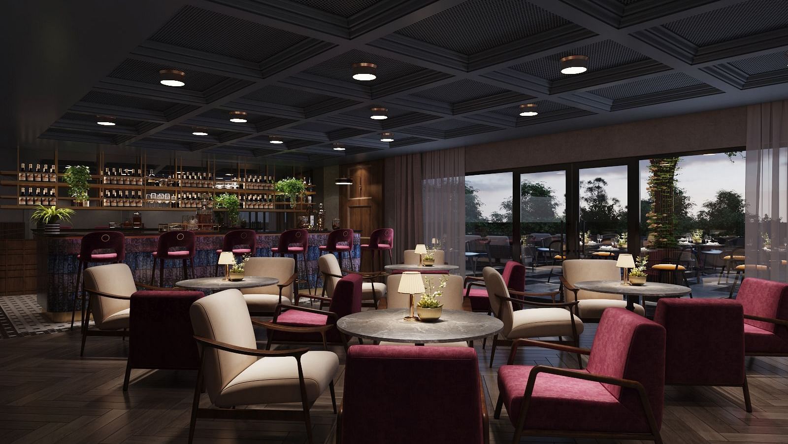 Interior view of a dimly lit lounge with armchairs, round tables, a bar in the background, and large windows.