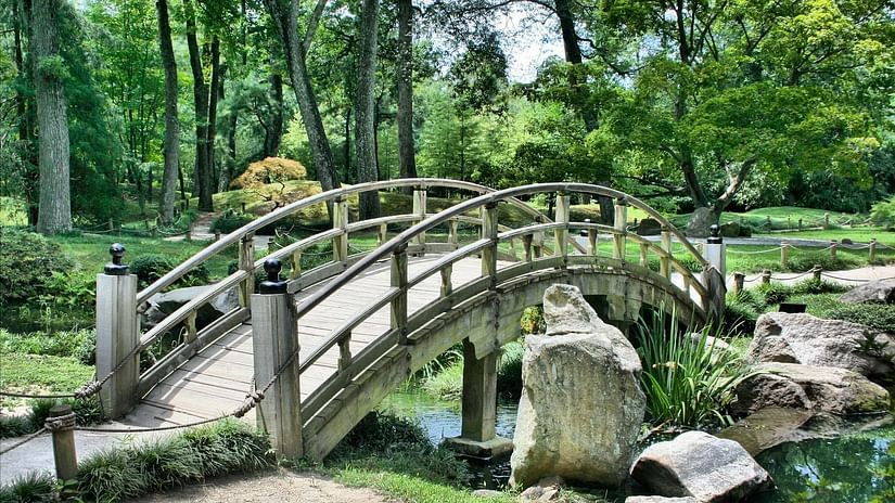A bridge in a lush green park over a stream with tall trees in the background.