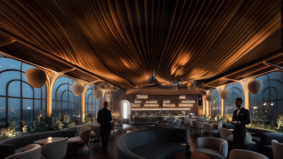 Fine dining and spacious set up in a restaurant that has ceiling-to-floor glass windows offering view of the city line beyond.