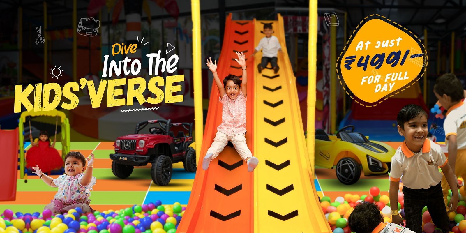 A graphics card image which shows children ejoying fun activities | Diamond Parks, Pune