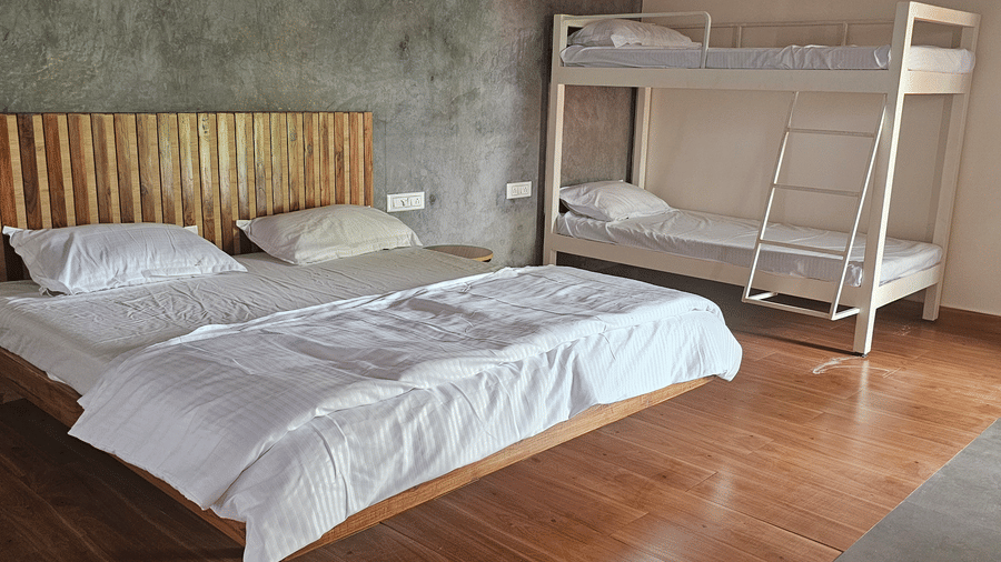 room featuring two queen beds, contemporary furnishings, and ample natural light.