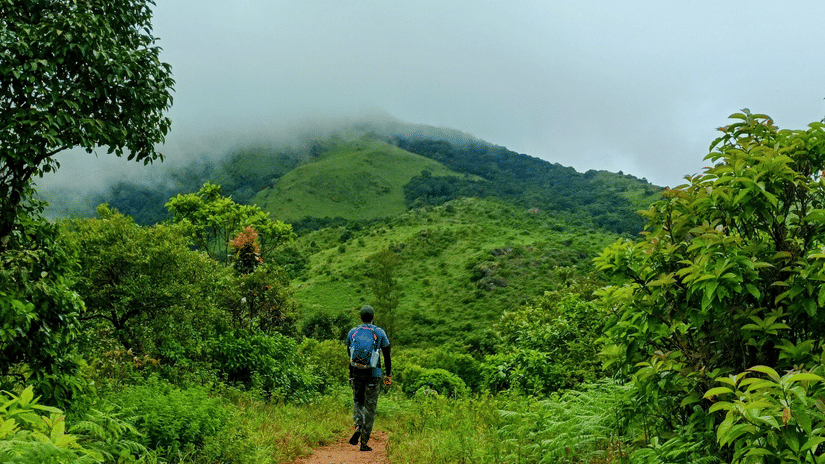 Hiker walking on a mud trail through green hills during a Bangalore to Chikmagalur trip.