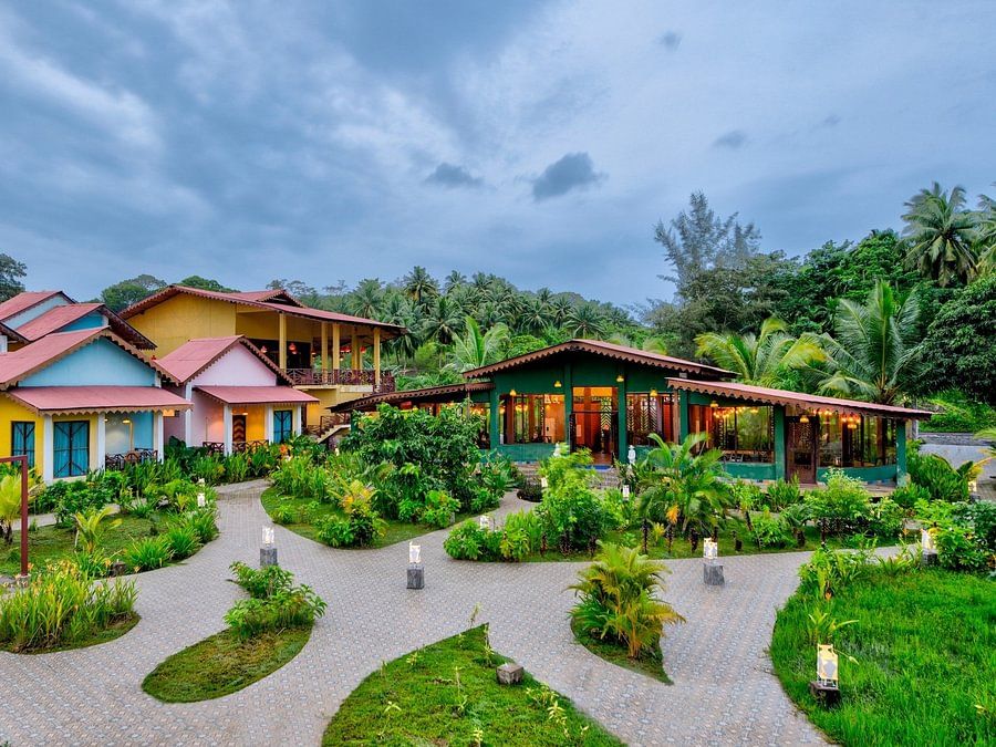 the exterior facade of silver sand village resort in havelock