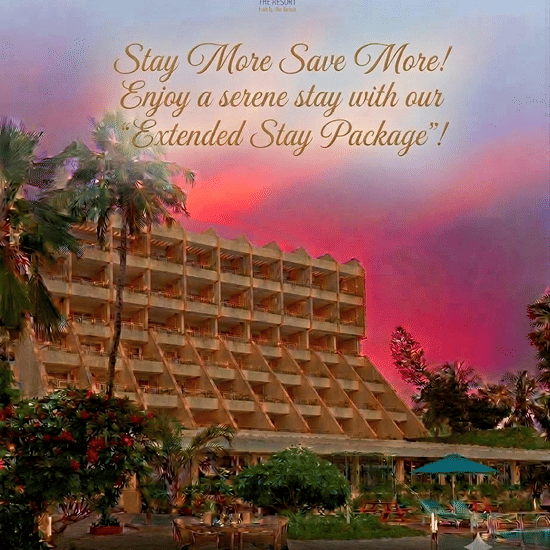 The Resort Mumbai Extended Stay Package featuring a beachfront resort at sunset, offering buffet breakfast and additional discounts on rooms for a minimum two-night stay.