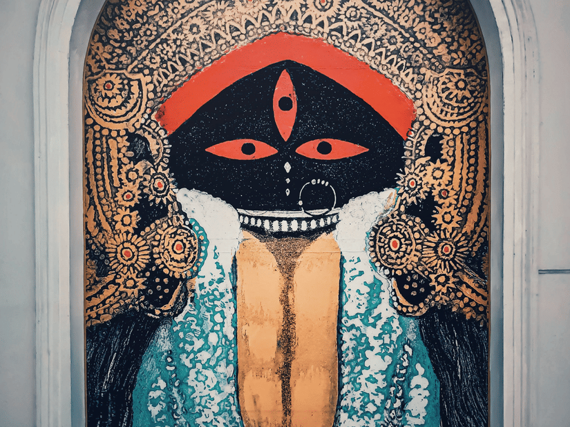Vibrant wall artwork depicting the Goddess Kali inside an arched doorway