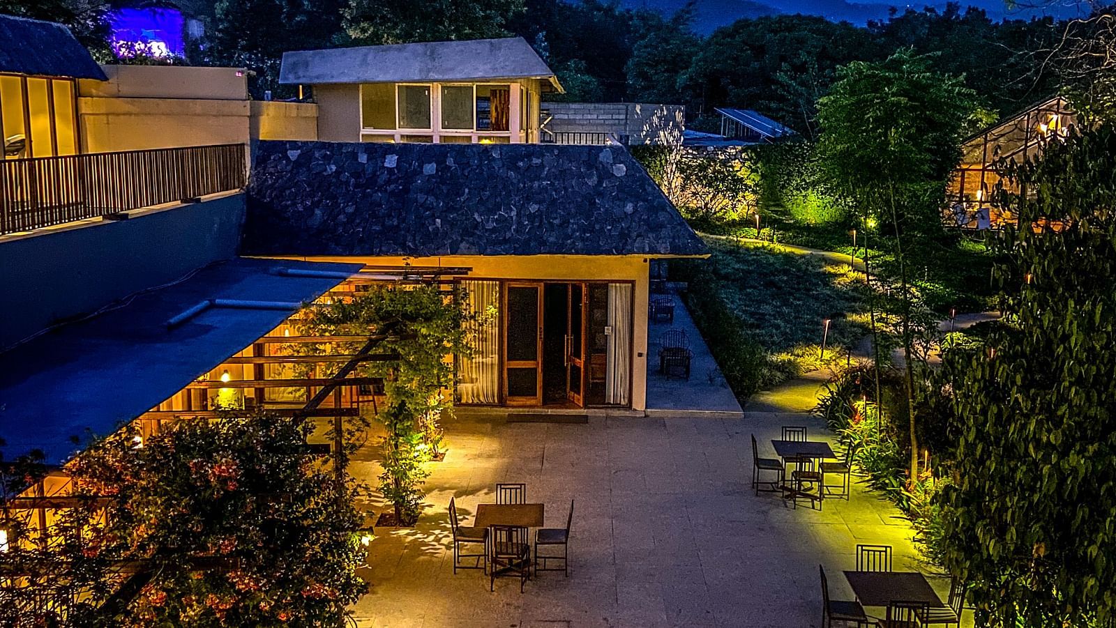Sub-aerial view of Saraca Resort & Spa Corbett at blue hour