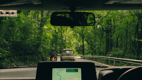View of the road from a car interior navigating through lush green forest with natural light filtering the canopy formed by the trees.