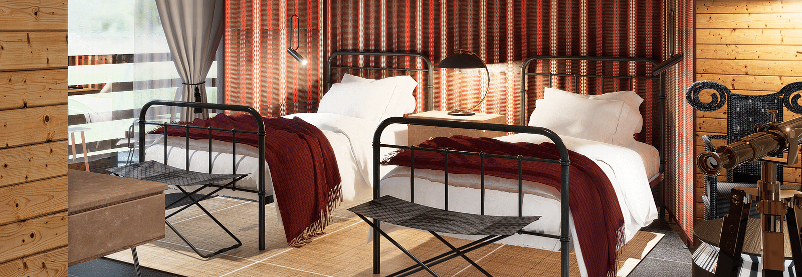 A bedroom with twin beds, a ceiling fan, a striped partition, and a window with curtains - Rhino and River BluSalzz Collection, Pobitora