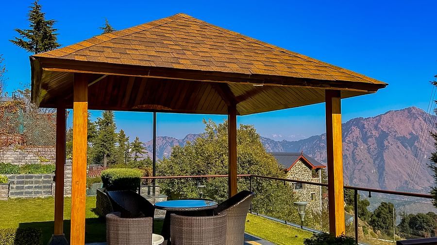 Scenic outdoor gazebo with Himalayan mountain views at Aranya Retreat, Mashobra perfect for relaxing in nature