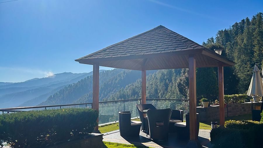 Fresh coffee and breakfast setup on a scenic balcony with lush views at Aranya Retreat, Mashobra