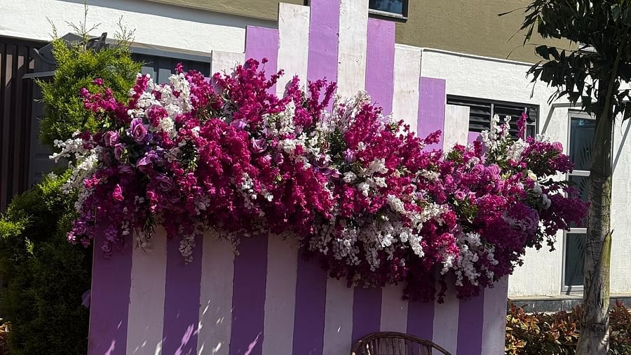 Purple and white striped floral arch with pink blooms for an outdoor event at VRR Astoria Hotel and Convention Centre