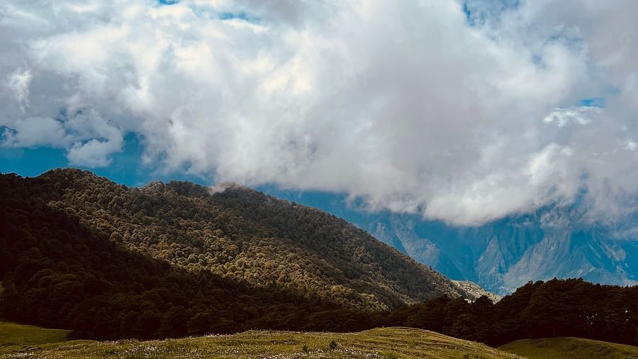 Image of Gorson meadow with a cloudy sky in the background | Faraway Cottages, Auli