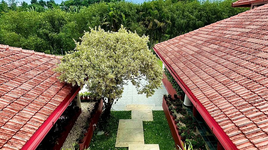 a view of the interior of the property with a garden in the middle surrounded by the hotel - Kadkani River Resort, Coorg