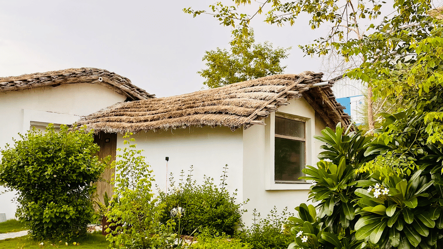 Cottage facade with potted plants in front at Valley by Grassfield, a resort in Jaipur.