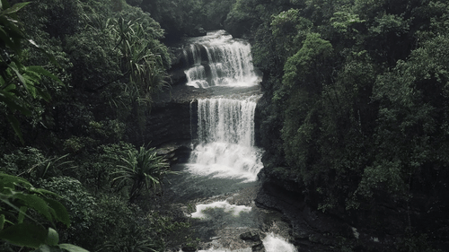 A waterfall gushing downwards surrounded by trees.