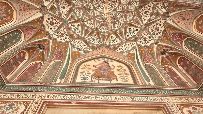 Hindu and Mughal architecture on Ganesh Pol, entrance of Amer Fort.