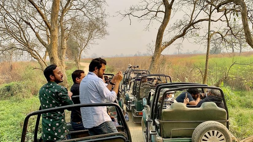 People going for forest safari in a jeep with trees in view at Gir national park