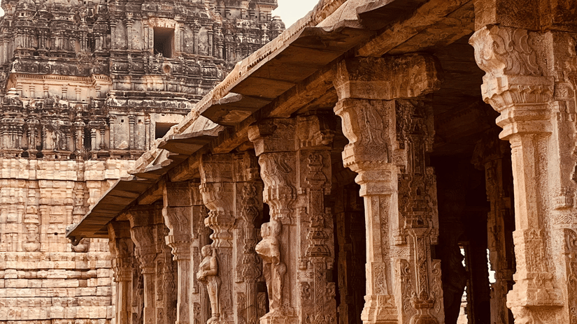 A long shot showing the carved pillars and a temple tower.