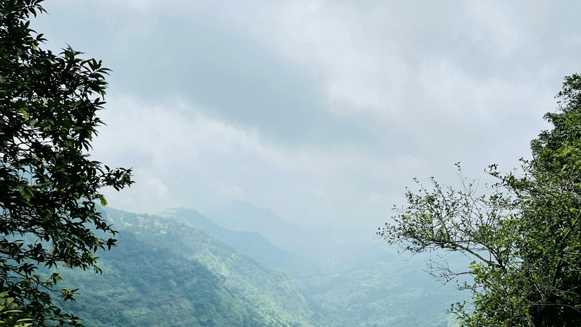 A viewpoint of a valley in the distance with forest cover on mountains and clouds above in view