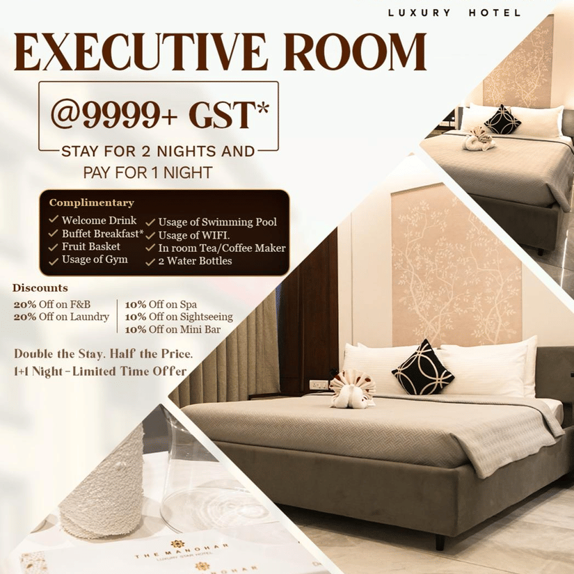 Executive Room offer at The Manohar Hyderabad stay for 2 nights and pay for 1 with added benefits including breakfast, welcome drink and amenities