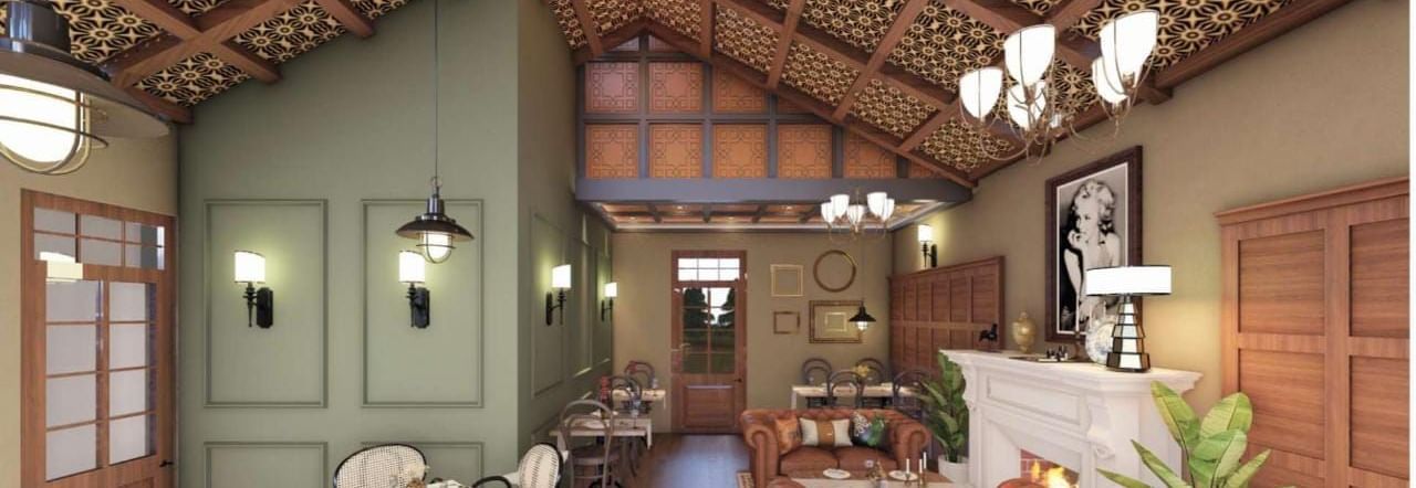 Cosy dining space featuring a high, textured ceiling, sage green accent walls, and a white fireplace at BluSalzz Terrah Hills Resort, Dalhousie.