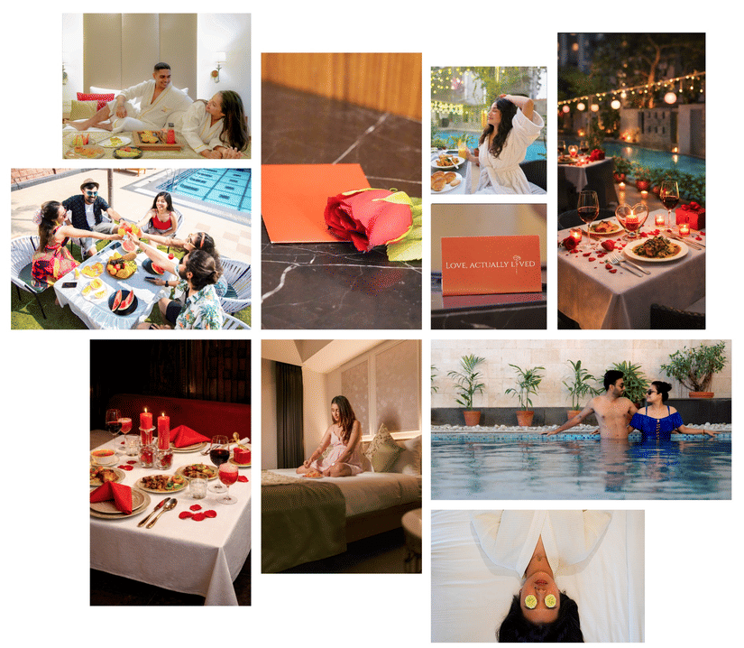 Valentine’s Day experiences collage at Pride Hotels Group showcasing romantic dining, spa moments, poolside evenings and couple stays.