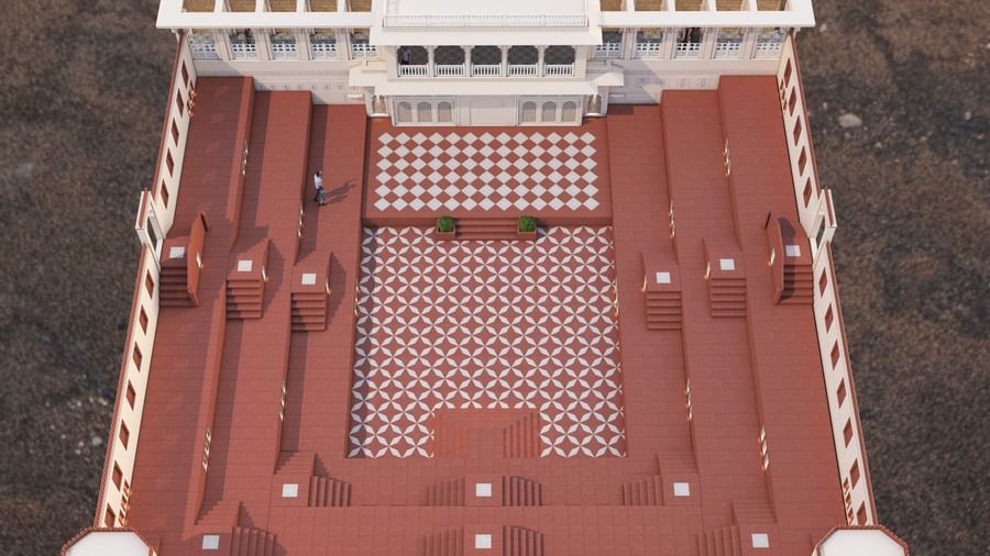 Umaid Palace courtyard with red steps and patterned red and white floor.