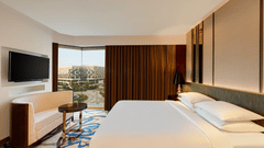 Image of Luxury Suite Room at Pride Plaza Hotel, New Delhi featuring a plush bed in front of a TV mounted on the wall below which a seating space is arranged next to a large window partially covered by curtains