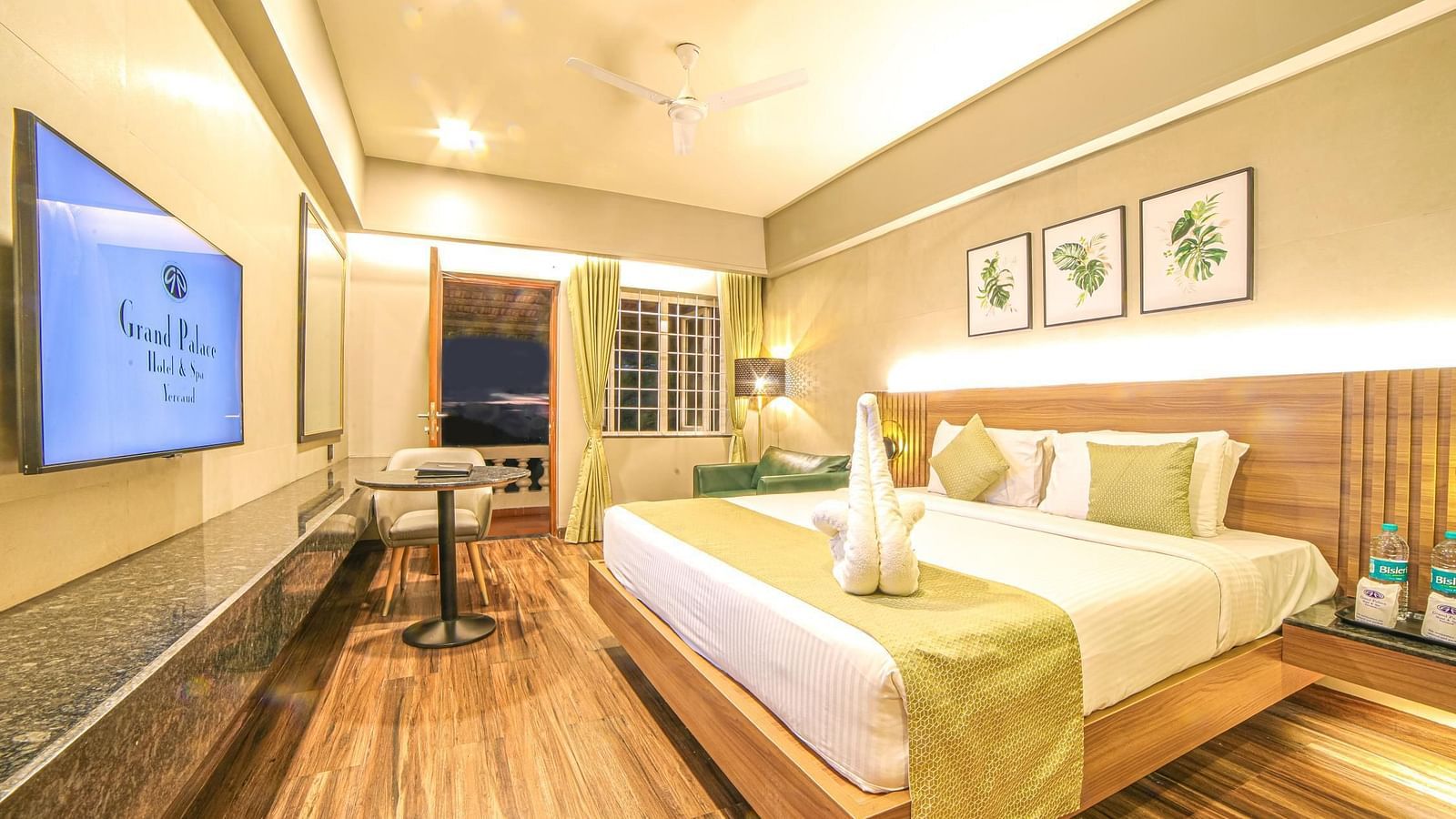 A double bed in the Premium Balcony Room at Grand Palace, Yercaud