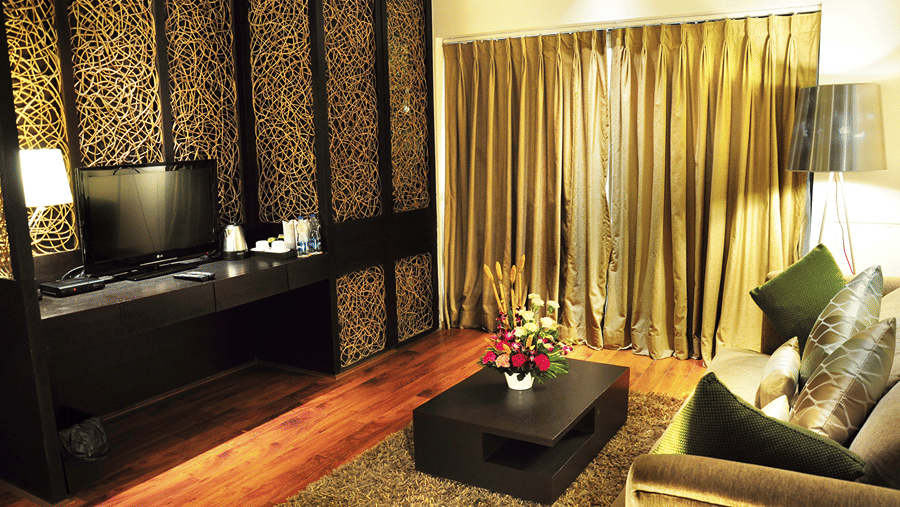 The living room of the Premier Suite with a textured carpet on the floor featuring a television in the room - Senses Hotel