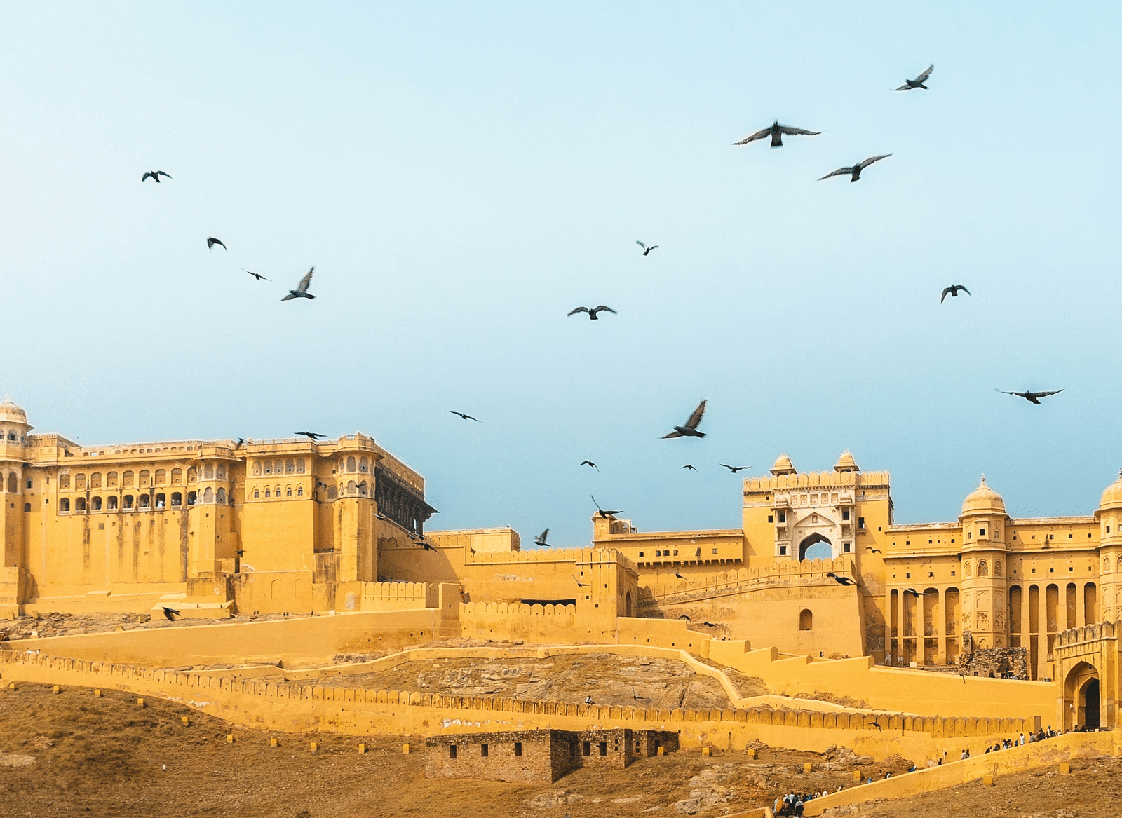 Amber Fort, Jaipur, with its sandstone walls overlooking a lake and birds flying above.