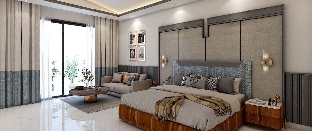 A beautiful room with ample of natural light coming from the huge french windows featuring a double bed in the room. - Namaste Corbett