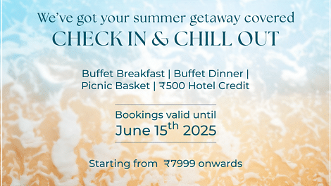 Summer getaway advertisement for The Resort showcasing a beach scene, with an offer including buffet breakfast, buffet dinner, a picnic basket, and ?500 hotel credit; booking validity until 15th June 2025.